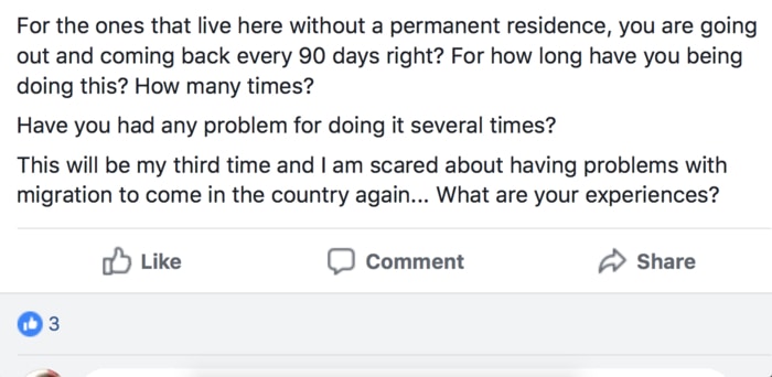 A typical post in one of the expat Facebook groups about Costa Rica residency vs visa runs