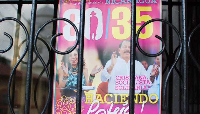 Nicaragua Protests: A poster in an Ortega supporter's window