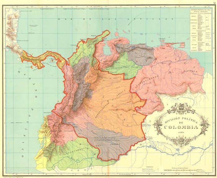 Is Panama part of Central America / Map showing the shrinking territory of Gran Colombia from 1824 to 1890 (red line)