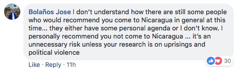 Should I go to Nicaragua? Facebook screenshot